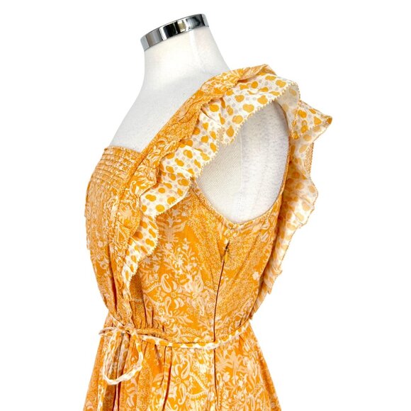 French Connection Adena Floral Metallic Ruffle Dress in Oak Bluff Yellow Size 6 - Picture 3 of 10